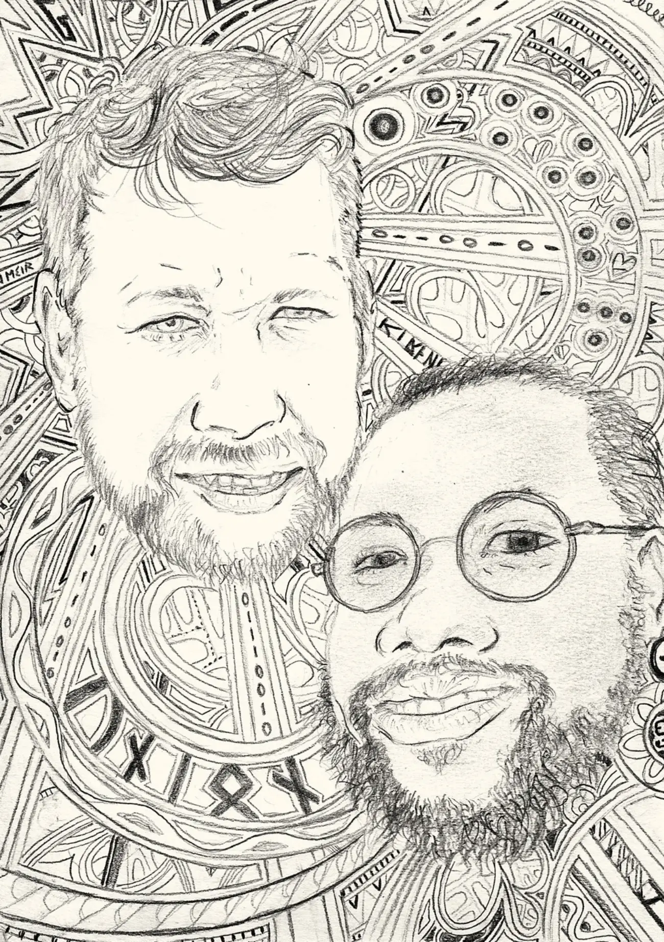 Hand-drawn pencil portrait of Gerry and Hervé over an ornate mandala